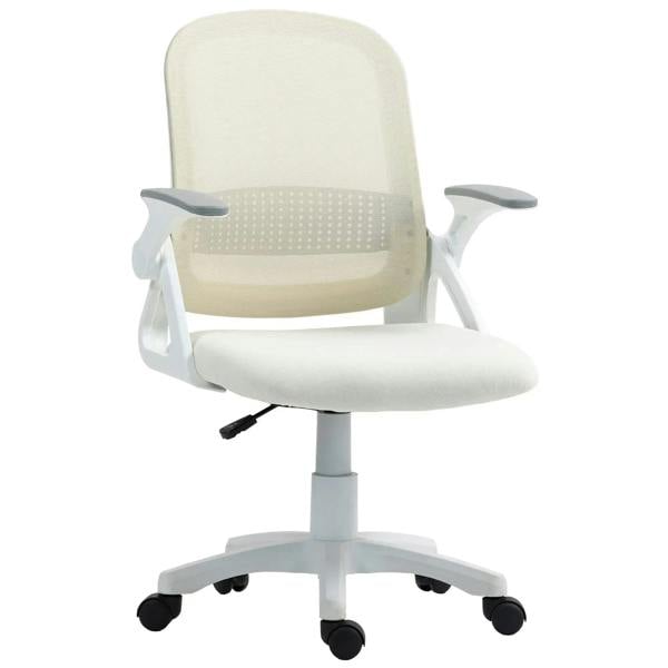 White breathable mesh office chair with flip-up armrests and swivel caster base