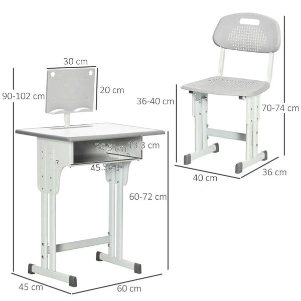 Kids adjustable desk and chair set in grey with reading board, front and side view