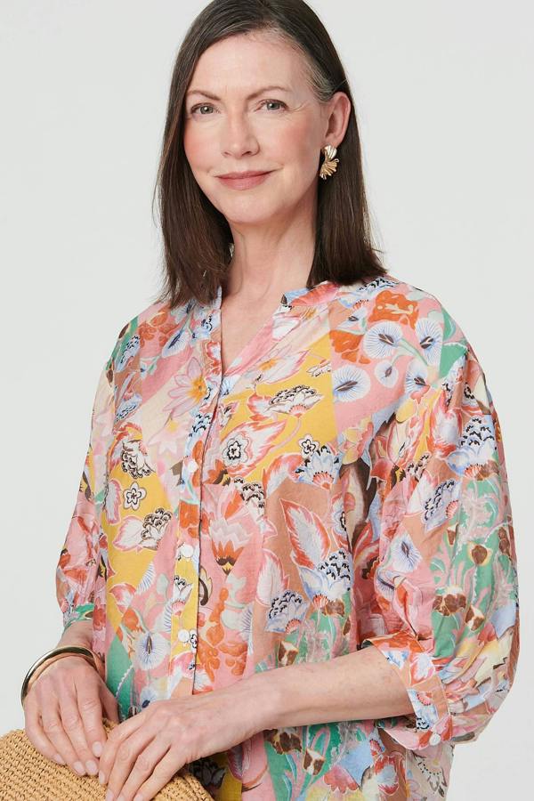 Pink | Abstract Curved Hem 3/4 Sleeve Blouse