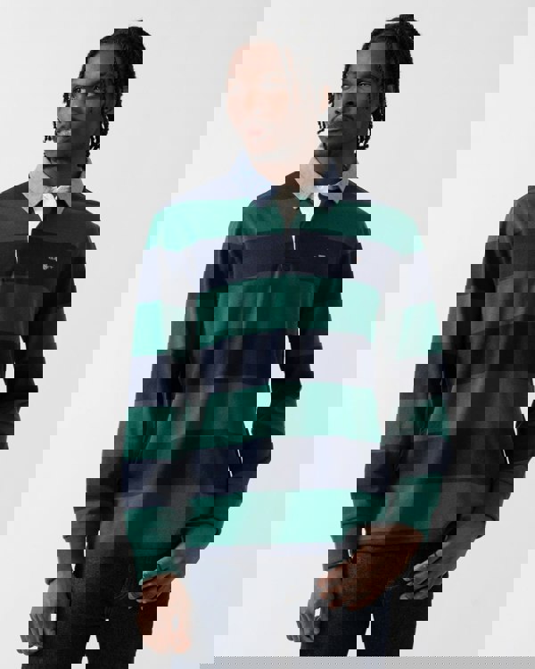 GANT Mens Regular Fit Chambray Stripe Heavy Rugger - 373 Deep Forest Green - CHO - Designer Mens Long Sleeve Polo Shirts