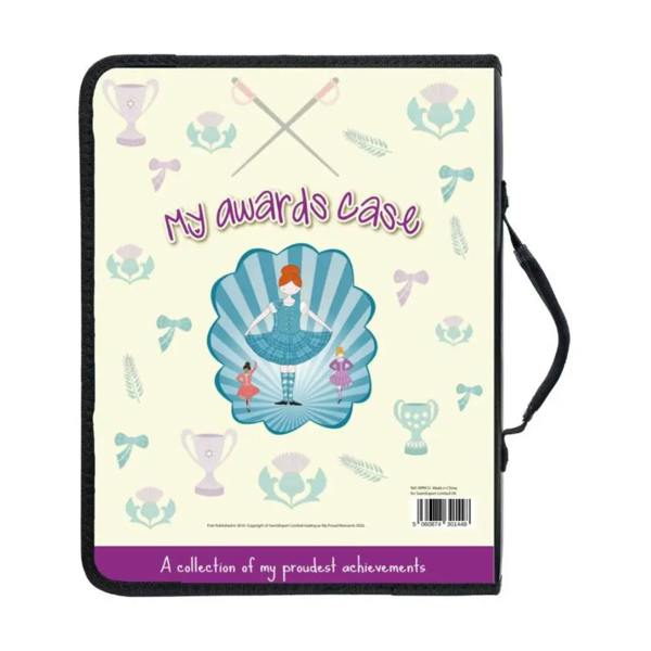 Proud Moments Highland Dance medal case with pastel trophies, ribbons, and padded carry handle
