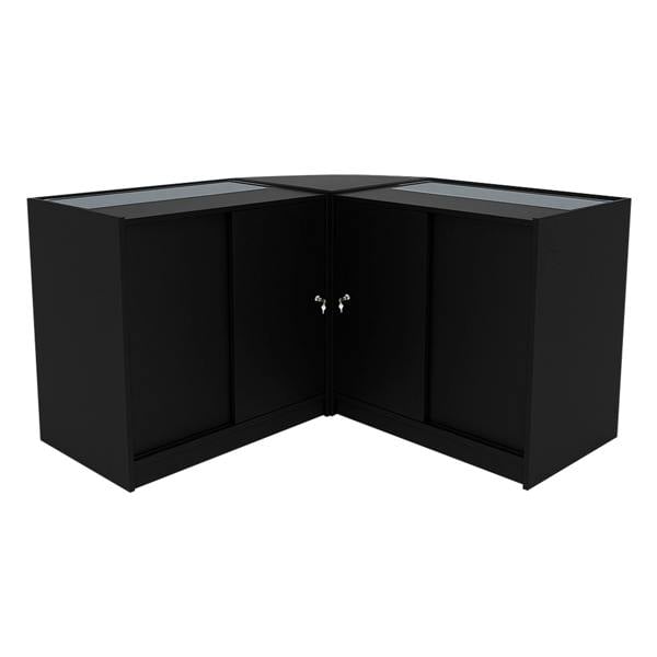 Triton LED Shop Counter Set in sleek black, featuring a modern corner design with glass display tops and spacious storage compartments