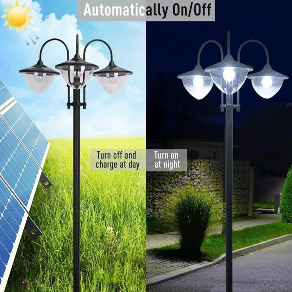 Black 3-head solar street lamp with automatically on/off lighting design