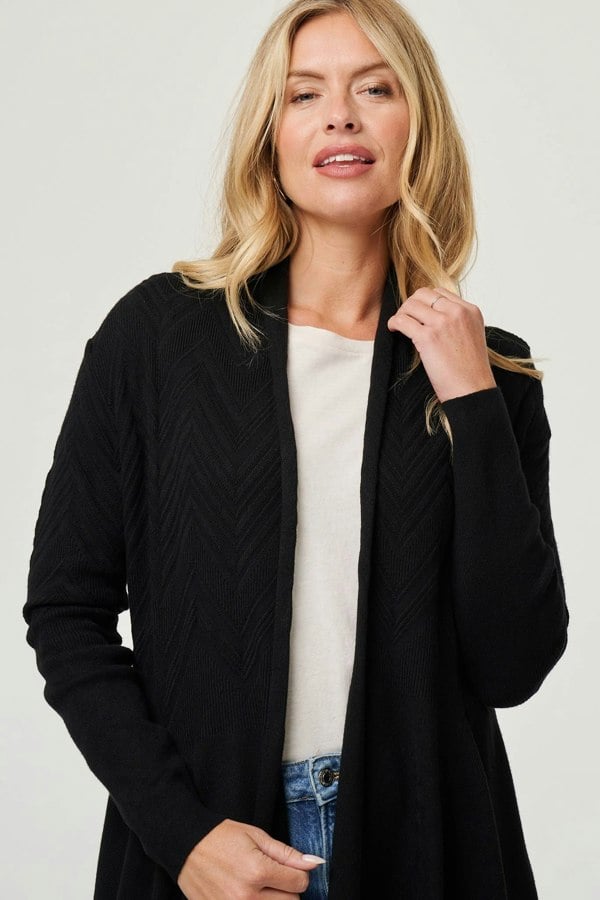 Black | Longline Curve Hem Open Front Cardigan
