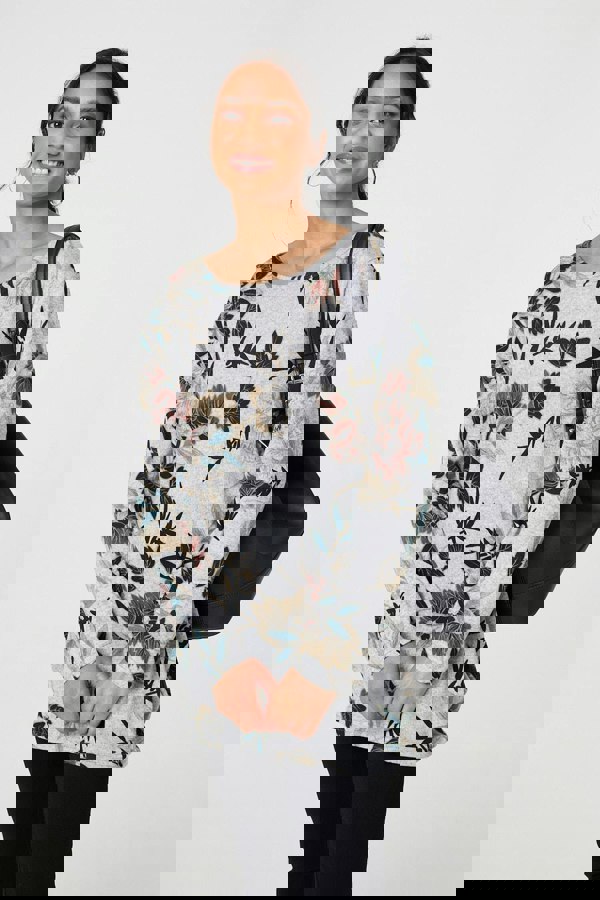 Grey | Floral Wide Neck Relaxed Long Sleeve Top

