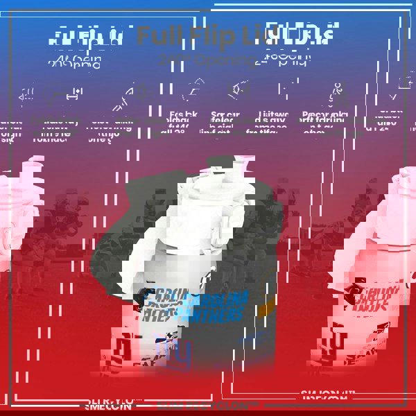 A water bottle with a 240° flip lid, allowing for easy drinking while on the go. The bottle features various NFL team logos, and its lid folds back completely, providing a clear line of sight.