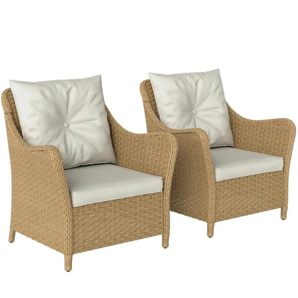 Set of 2 beige rattan garden armchairs with high backs, armrests, and cream seat cushions