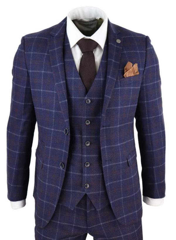 Paul Andrew Mens 3 Piece Navy Blue Wool Check Retro Suit