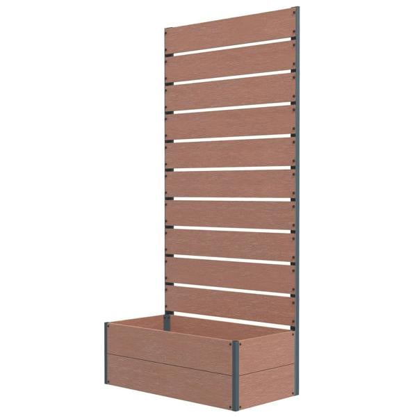 Brown garden planter box with back trellis, front planter and vertical side slats