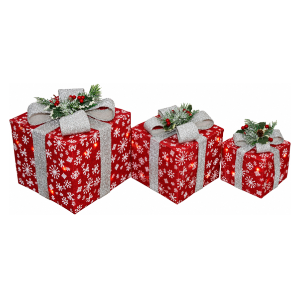 Set of 3 Lighted Red Sisal Christmas Parcels with Silver Bows, 35 White LEDs, Battery Powered, Festive Mantel & Tree Decoration