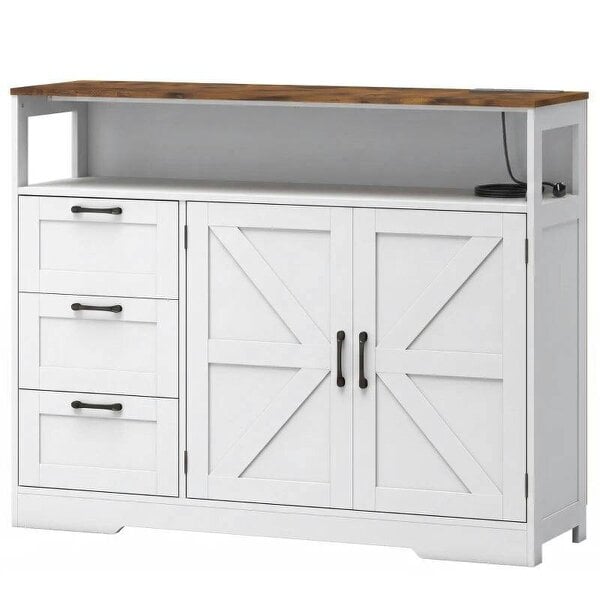 Sideboard Cabinet with Power Outlet, Farmhouse Kitchen Cabinet with 3 Drawers and Open Shelf, White