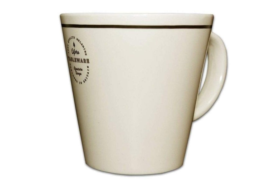 Image of the mug, from the Signature Melamine Set by OLPRO. Classic looking camping set in white with an elegant logo and line around the edge.