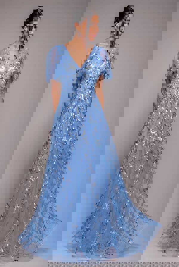 Flared Sleeve Embroidered Maxi Dress - Cornflower Blue DR3279A