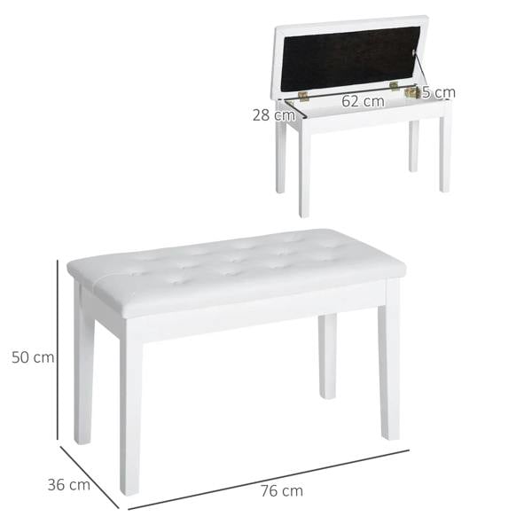 White upholstered piano bench stool with storage lid and dimensions