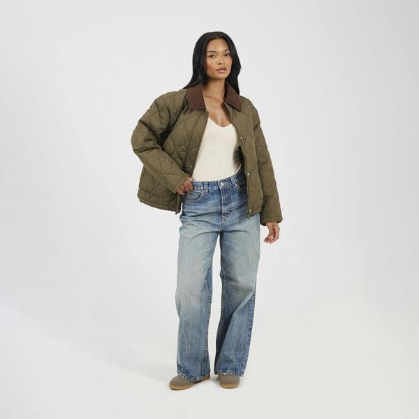 Brave Soul Khaki Onion Quilted Jacket With Corduroy Collar - Khaki Image 3