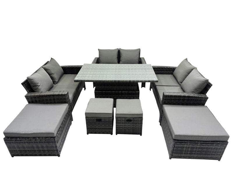 Fimous Outdoor Love Sofa Set 10 Seat Rattan Garden Furniture Set with Adjustable Lifting Dining or Coffee Table Dark Grey Mixed