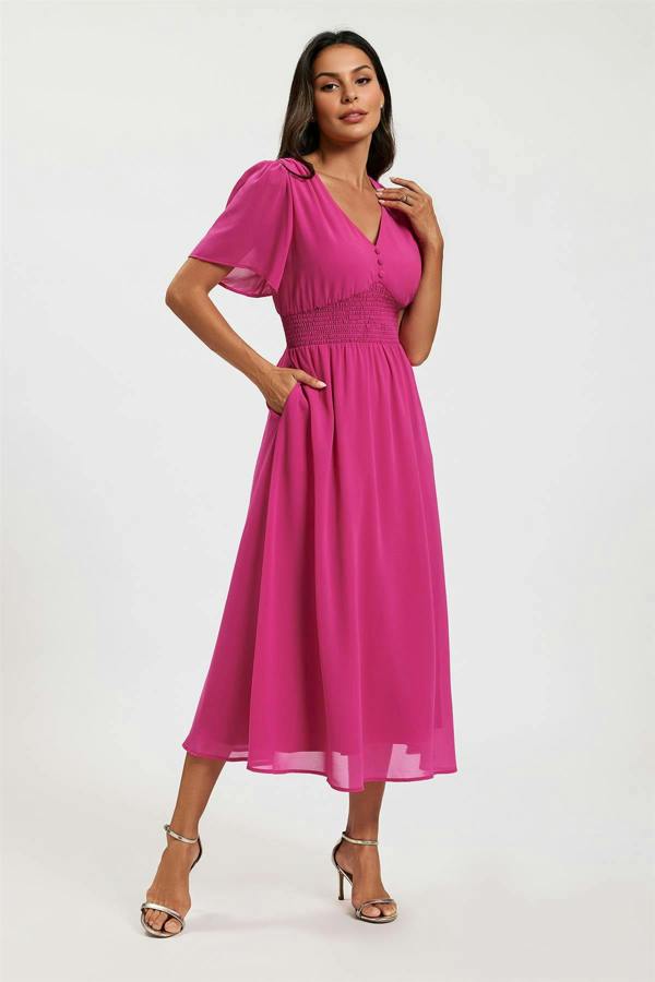 FS Collection Fuchsia V Neckline Shirred Waist Midi Dress
