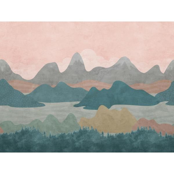 Grandeco Hills & Mountains Landscape 7 panel Repeatable Textured Mural, 3.71 x 2.8m Pink Teal