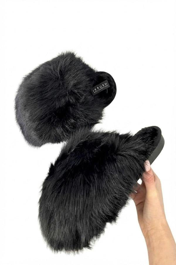 Nadia Fluffy Faux Fur Slippers - Black_wb