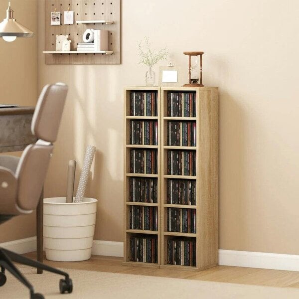 Bobobiy Set of 2 CD Media Display Shelf Unit Tower Rack with Adjustable Shelves, Oak - Oak