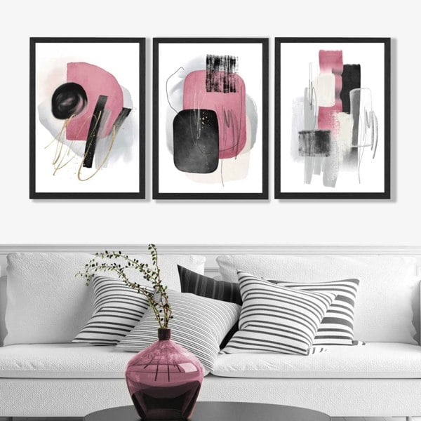Set of 3 Abstract Black and Pink Watercolour Art Prints in Luxury Frames | Artze UK