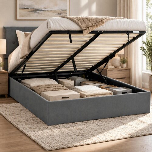 HOMCOM Bed Frame Gas Side Lift Under Bed Storage Dark Grey - Dark grey