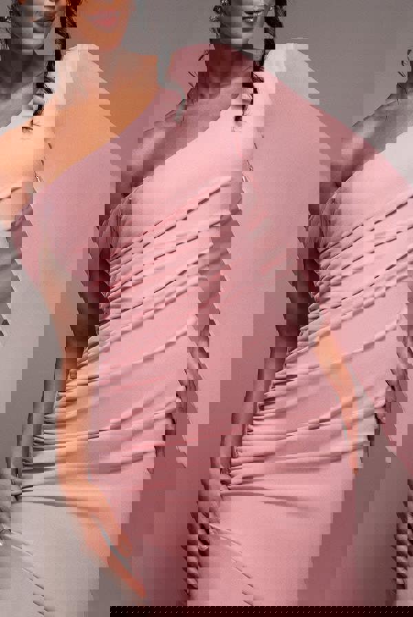 One Shoulder Cape Scuba & Chiffon Maxi Dress - Blush Pink DR4899