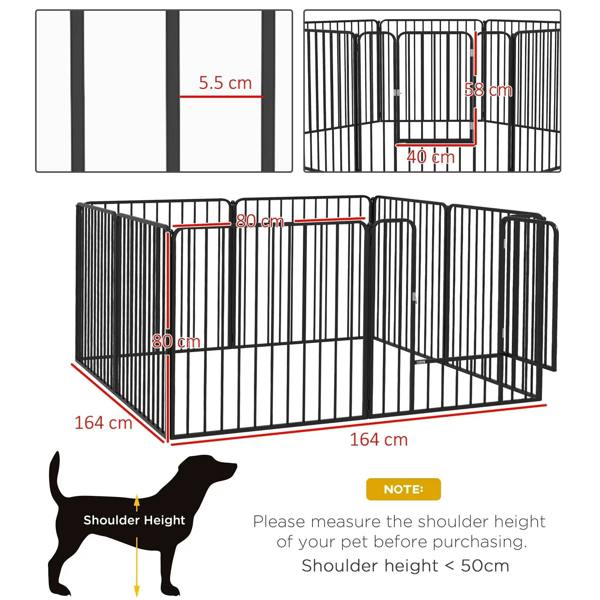 Black 8-panel dog pen with corner angles, showing panel layout and overall dimensions