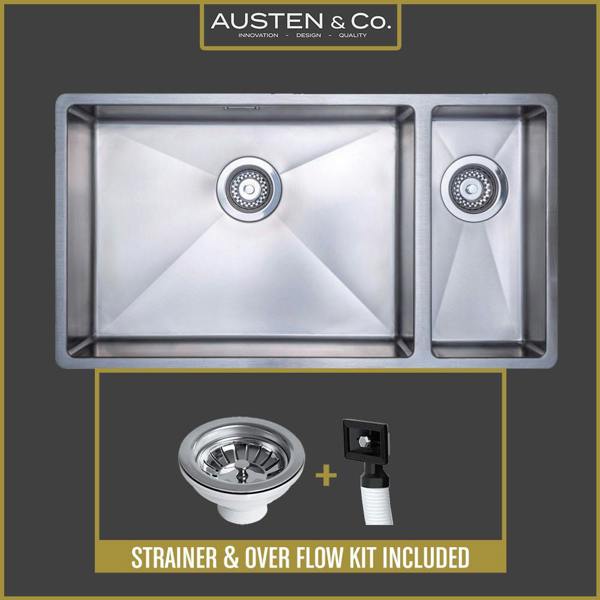 Austen & Co. Como Stainless Steel Extra Large Inset & Undermount 1.5 Bowl Kitchen Sink - Right Hand Main Bowl