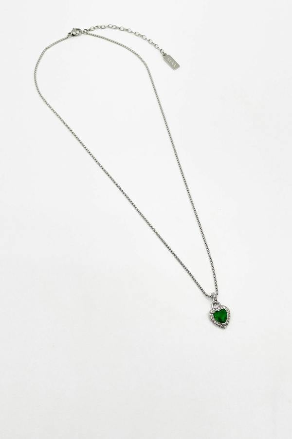 SVNX Emerald Green Diamante Heart Necklace in Silver - Gift Boxed