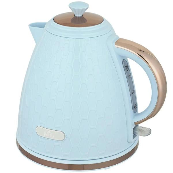 Light blue electric kettle with honeycomb texture, curved spout and handle