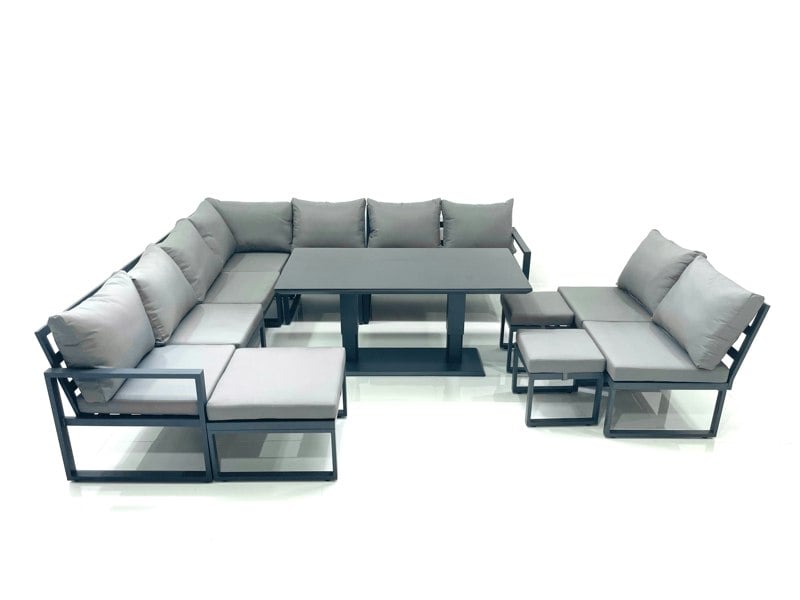 Fimous 12 Seater Outdoor Aluminium Garden Furniture Set Corner Sofa 3 Footstools Rising Lifting Dining Table Sets Dark Grey