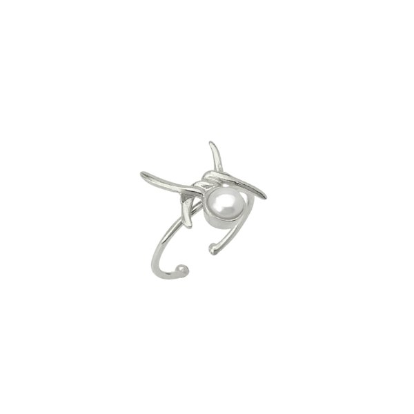 Spero London Barbed Wire Design Pearl Adjustable Sterling Silver Natural Hammered Ring