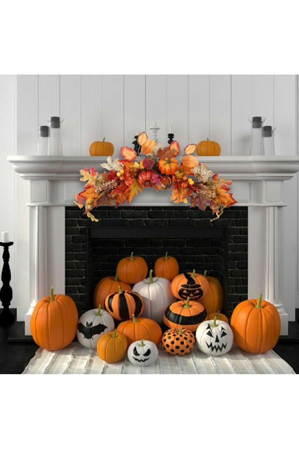 Living and Home 60cm Artificial Autumn Swag Maple Leaves Berry Pumpkin Arch Garland with Light for Halloween Thanksgiving Decor