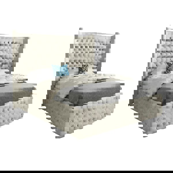 Casa Magna Florence Wide Winged Upholstered Soft Velvet Bed Frame - Cream