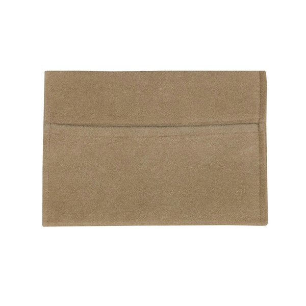 Beige storage pouch made from soft fabric, featuring a sleek, minimalist design with a single front pocket for easy organization
