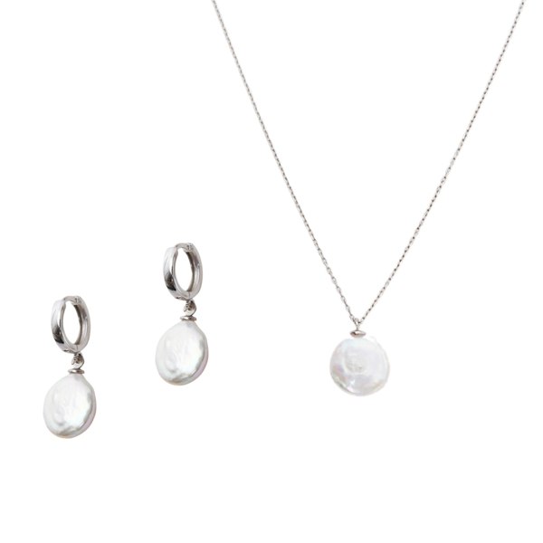 Spero London Baroque Flat Pearl Pendant Necklace and Earrings Sterling Silver Set