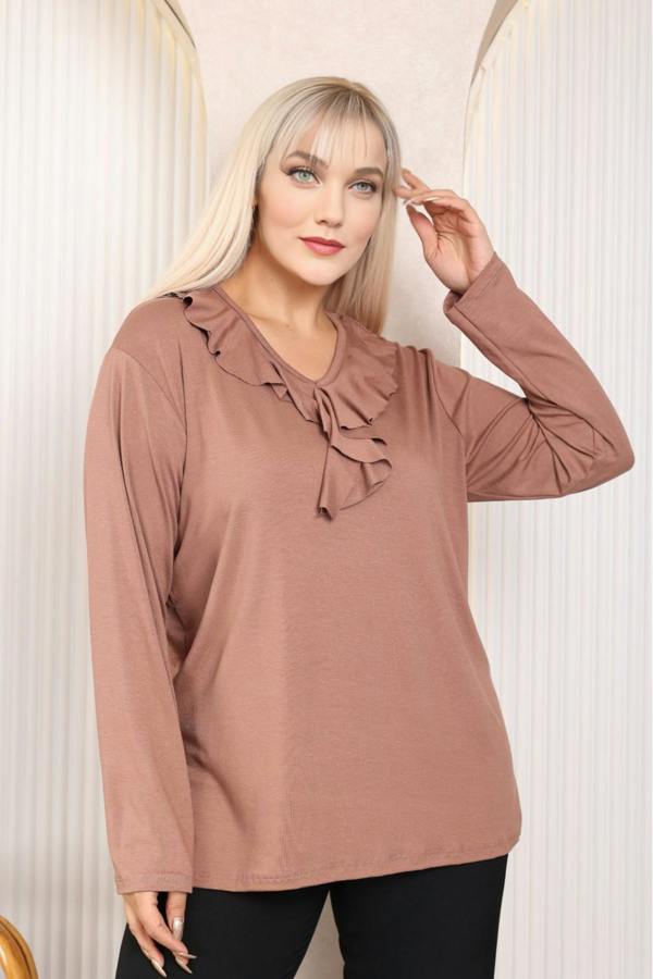Hoxton Gal Relaxed Fit Long Sleeve Elegant Blouse with Ruffle Neckline