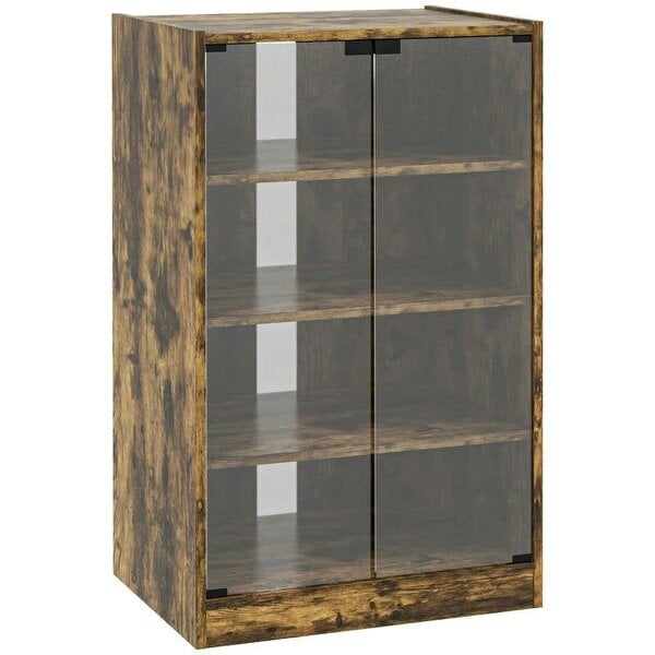 Bobobiy 4-Tier Hi-Fi Stand, Record Player Stand with Adjustable Shelves and Push-to-Open Glass Doors, Rustic Brown
