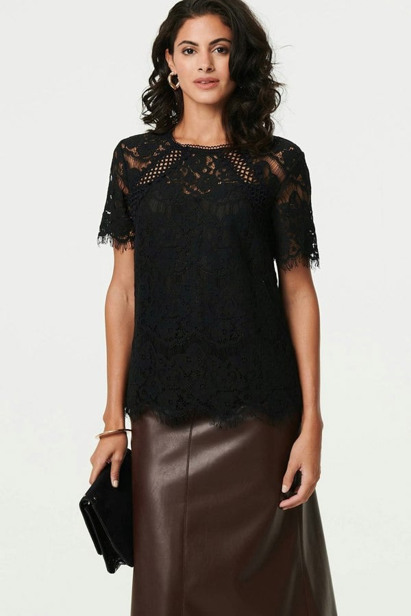 Black | Lace Overlay Short Sleeve Blouse
