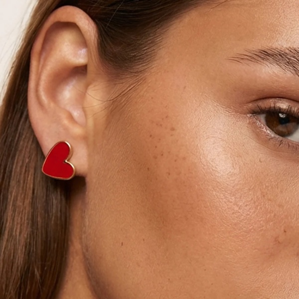 Red Enamel Heart Stud Earrings in Gold