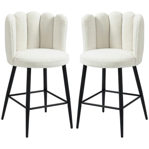 Wyld Haus Ettine Scallop Boucle Cream Upholstered Bar Stools Set Of 2 With Steel Base And Footrest