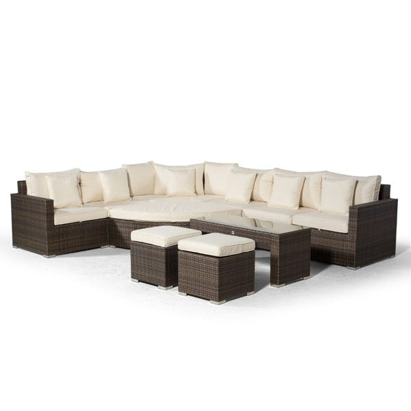 Giardino Santorini L Shape Modular 6 Seat Rattan Corner Sofa Set With Large Coffee Table, 2 Stools & Daybed Ottoman