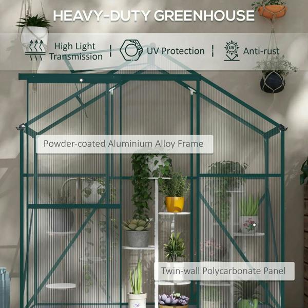 Green polycarbonate greenhouse with aluminum-style frame and twin-wall panels