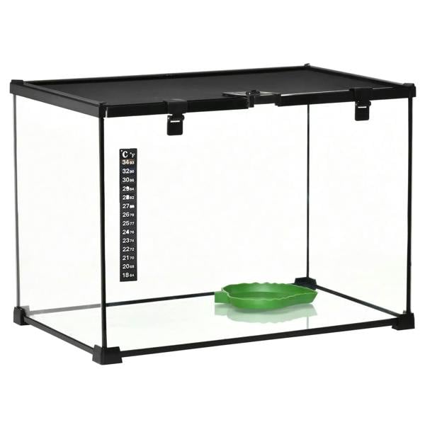 Large glass reptile terrarium with black frame, green water basin, and thermometer strip