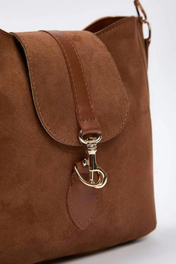 WOVCOR Suede Women's Midi Tote Shoulder Bag with Buckle Detail