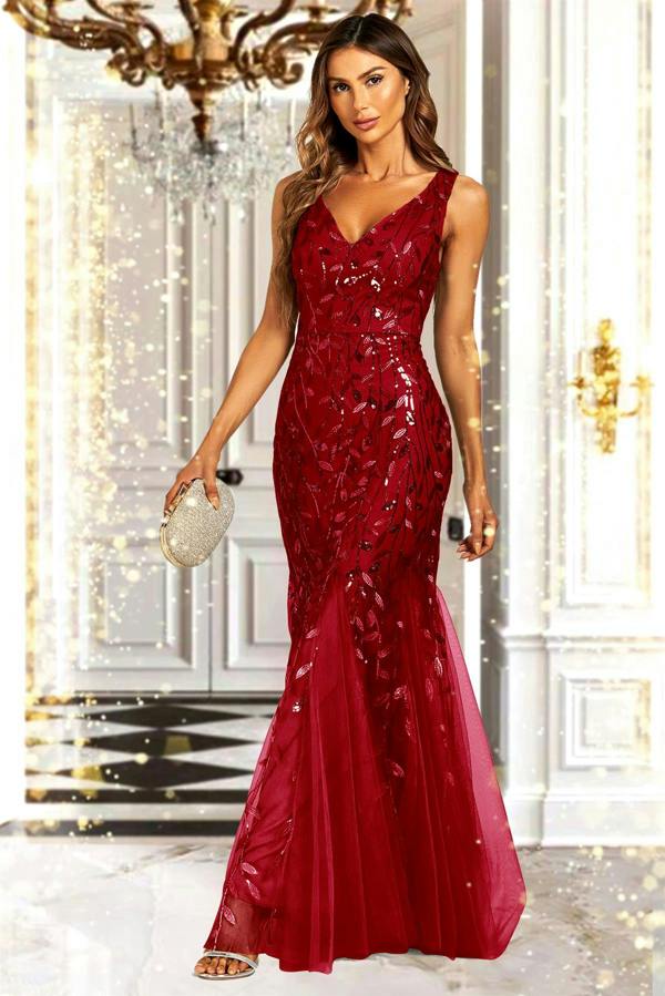 FS Collection Sequin Leaf Detailed V Neck Bridesmaid Maxi Dress In Wine