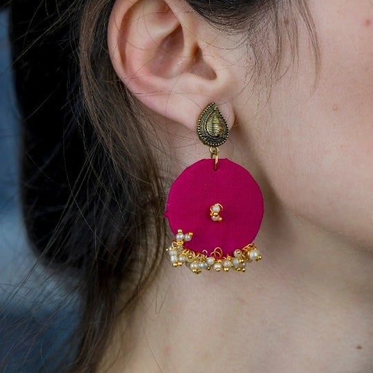 The Colourful Aura Pink Handmade Round Fabric Boho Poth White Pearl Asian Jhumka Drop Earrings