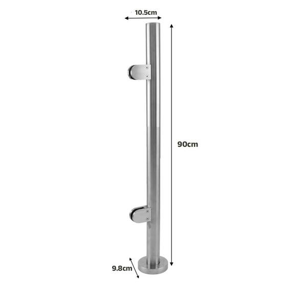 Stainless steel balustrade end post, 90cm high, featuring a sleek cylindrical design with two mounting brackets for secure installation