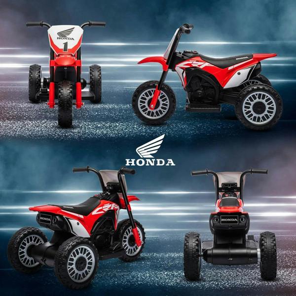 Red three-wheel kids electric motorbike shown from multiple angles, black seat and tires
